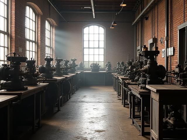 Vue d'un atelier industriel vintage avec des machines traditionnelles, rappelant les débuts de l'ingénierie.